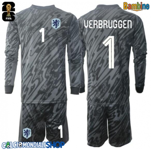 Maglie da calcio Paesi Bassi Bart Verbruggen #1 Portiere Prima Maglia Bambino Mondiali 2026  Manica Lunga + Pantaloni corti)